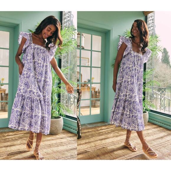 Ophelia & India‎ Flora Dress in Blue Tiered Smocked Midi Flutter Sleeve Small - Picture 1 of 12